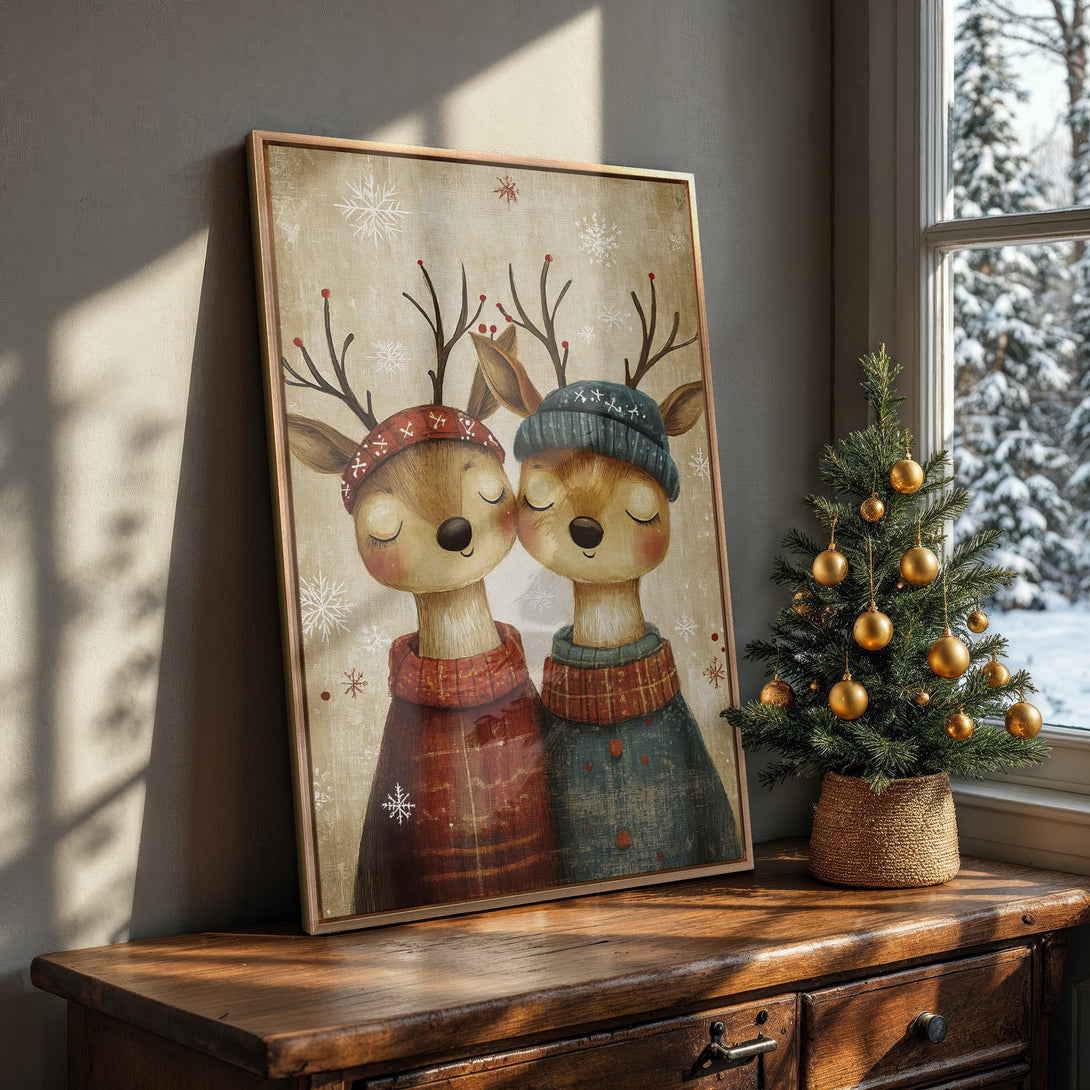Framed Wall Art featuring adorable deer in winter attire. Warm, rustic color palette. Perfect for holiday decor and adding a touch of cozy charm to any space.