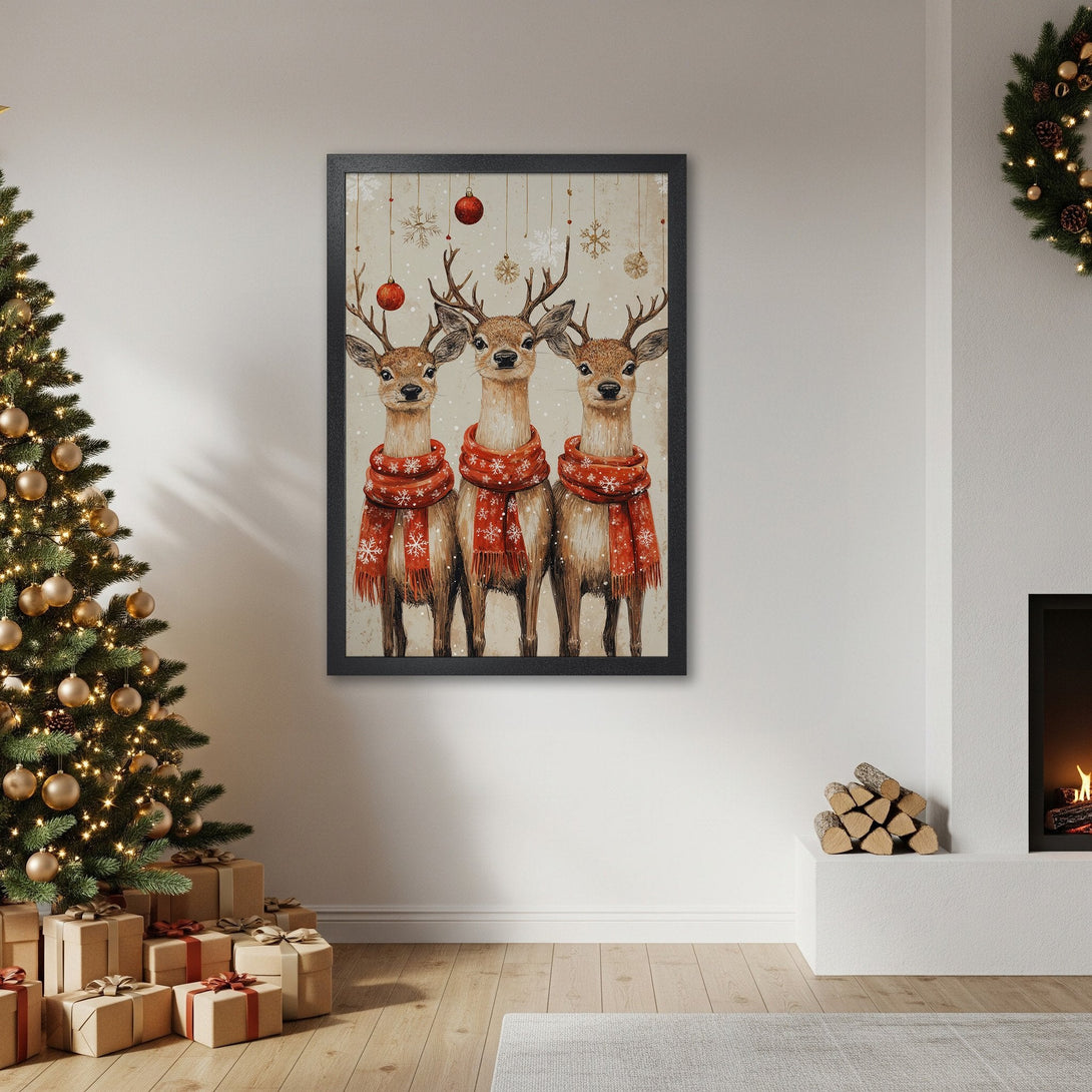 Framed Poster featuring watercolor deer in red scarves, perfect for Christmas decor. Neutral color palette.