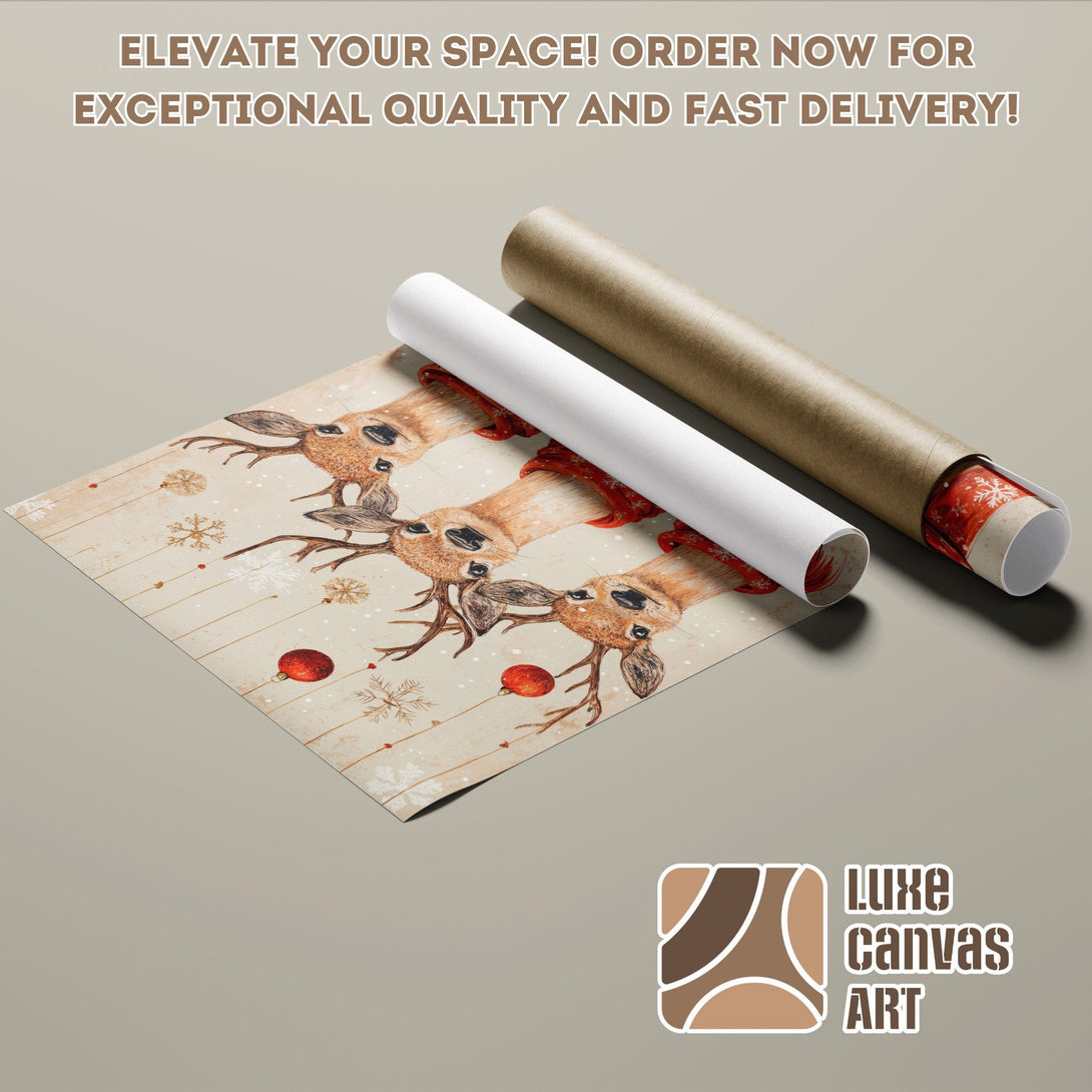 Festive Poster Roll featuring reindeer art, neutral tones with red accents. Elevate your decor!