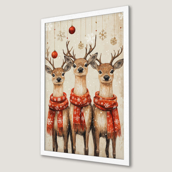 Framed Poster featuring watercolor reindeer in red scarves, a festive winter art print with a warm color palette.