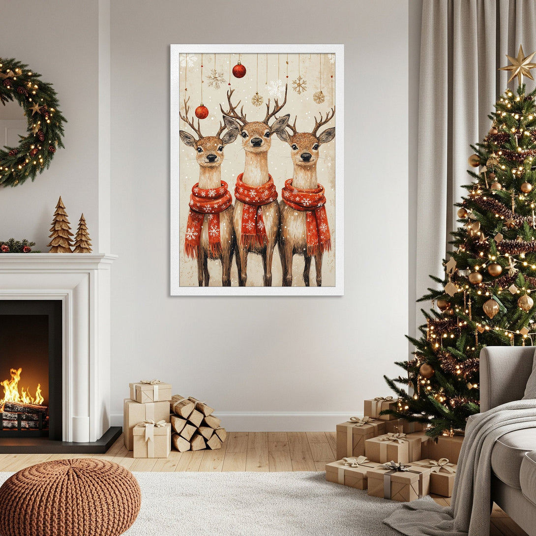 Framed Poster featuring watercolor reindeer in red scarves, perfect for Christmas decor. Warm, inviting color palette.