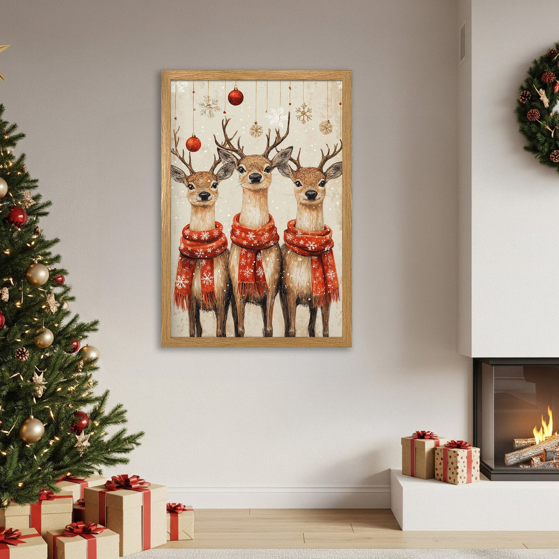 Framed Poster featuring watercolor reindeer in red scarves, a festive Christmas art piece.