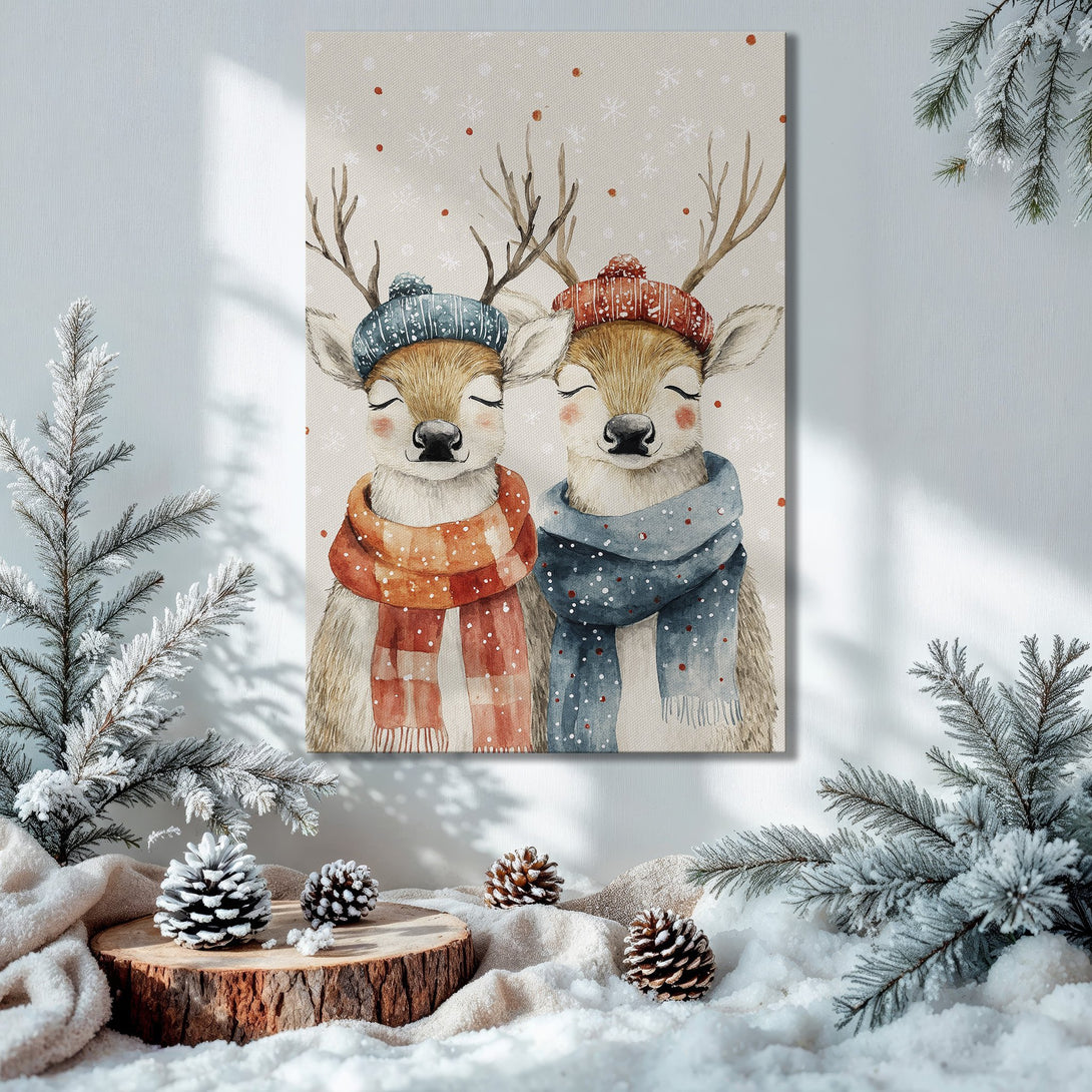 Framed Wall Art featuring watercolor deer in winter hats & scarves. Warm, cozy color palette with gold frame. Perfect holiday decor.