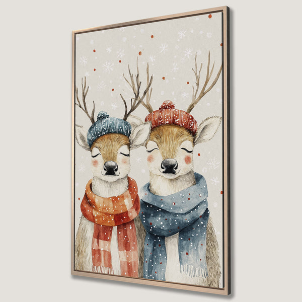 Framed Wall Art featuring watercolor deer in winter hats and scarves. Cozy, warm color palette perfect for holiday decor. Canvas Print for your home.