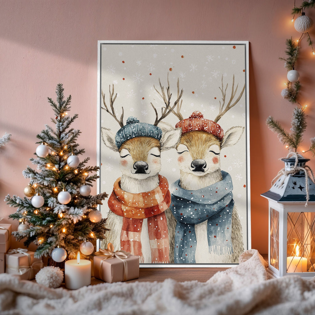 Framed Wall Art of adorable watercolor deer in winter hats and scarves. Cozy, warm color palette perfect for holiday decor.
