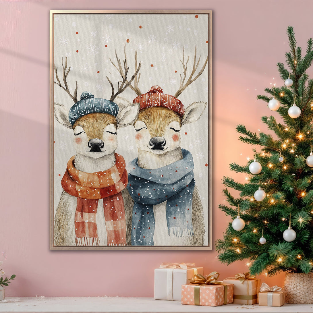 Framed Wall Art: Adorable watercolor deer in winter hats & scarves. Warm, inviting color palette perfect for holiday decor. Shop this charming Canvas Print today!