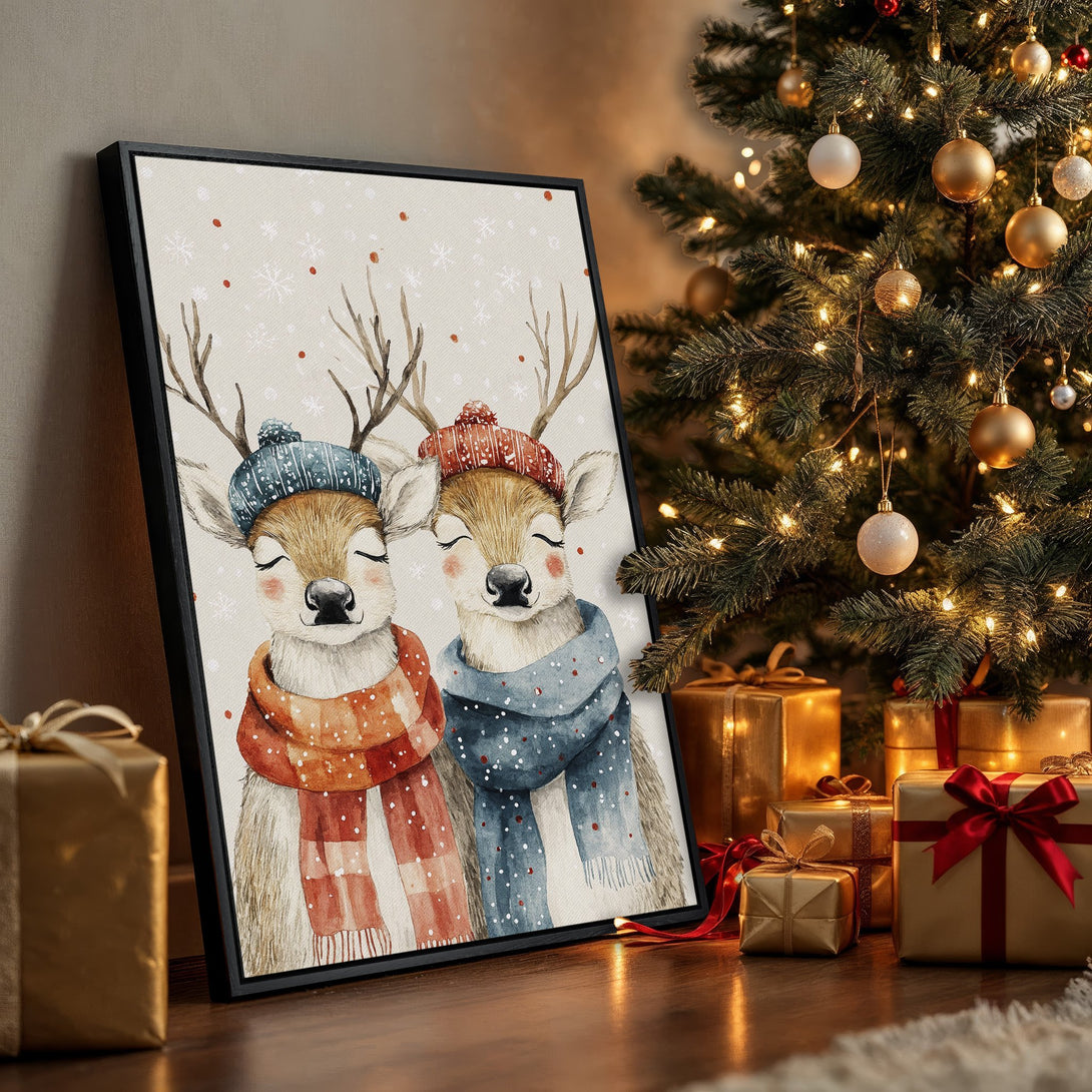 Framed Wall Art: Watercolor deer in winter hats and scarves. Warm, inviting color palette with reds, blues, and browns. Perfect Christmas decor.