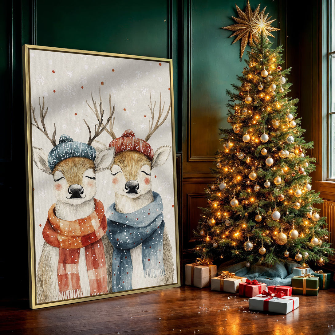 Canvas Print featuring watercolor deer in winter hats and scarves, warm neutral tones with pops of red and blue, perfect for holiday decor.
