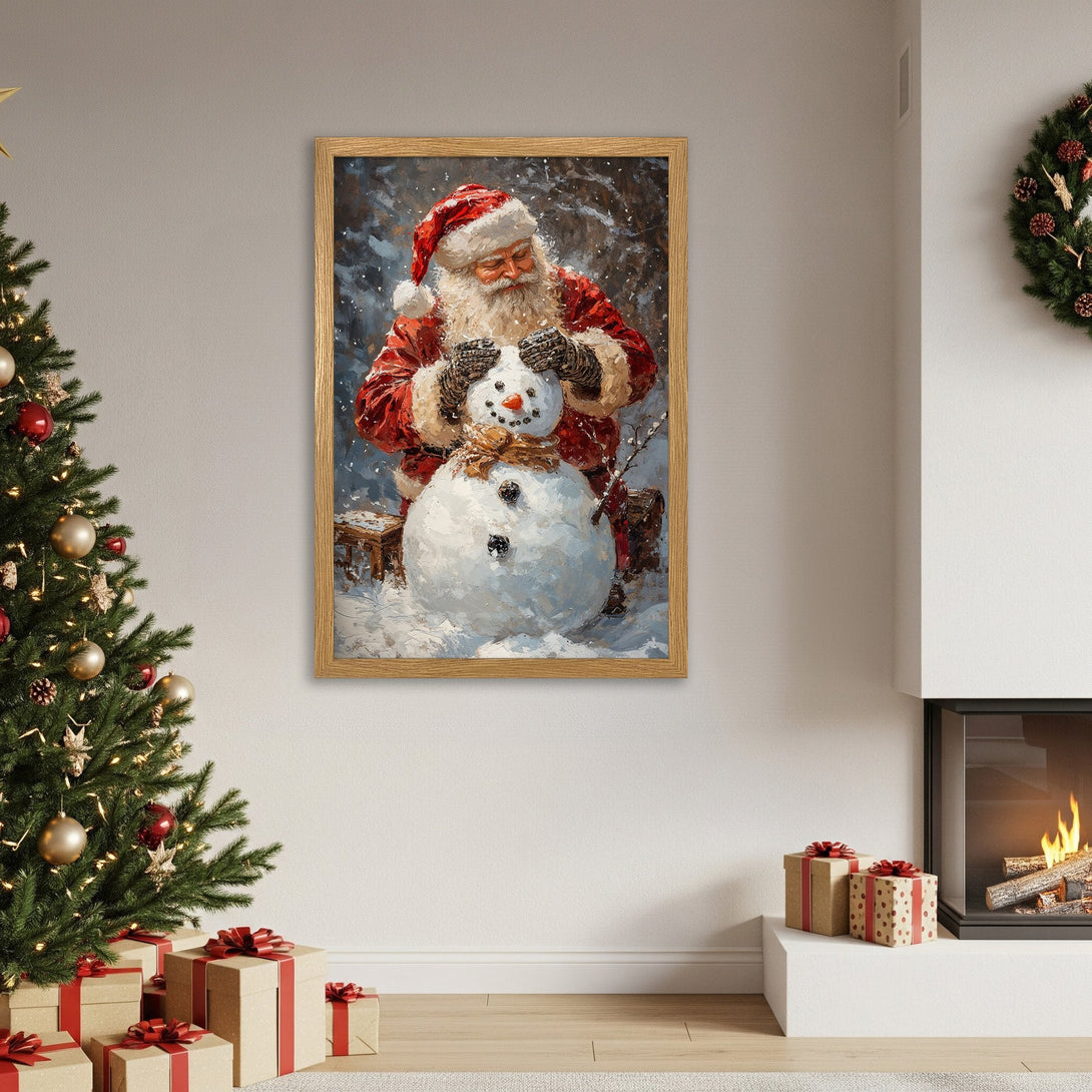 Framed Poster of Santa building a snowman, festive art with red, white, and brown colors. Perfect Christmas decor!
