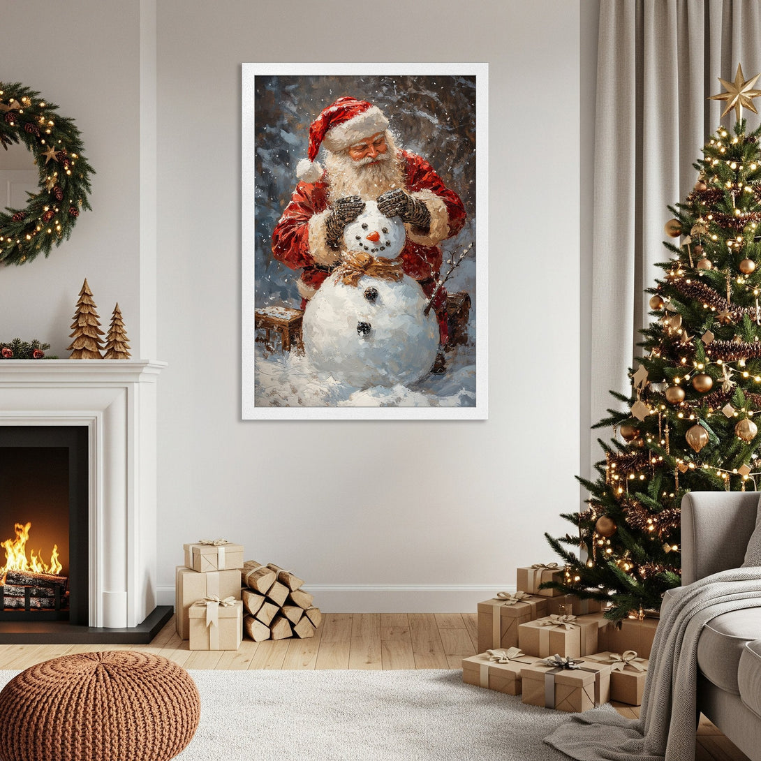 Framed Poster featuring Santa building a snowman, painted in a warm, festive style with a red, white, and neutral color palette. Perfect holiday decor!