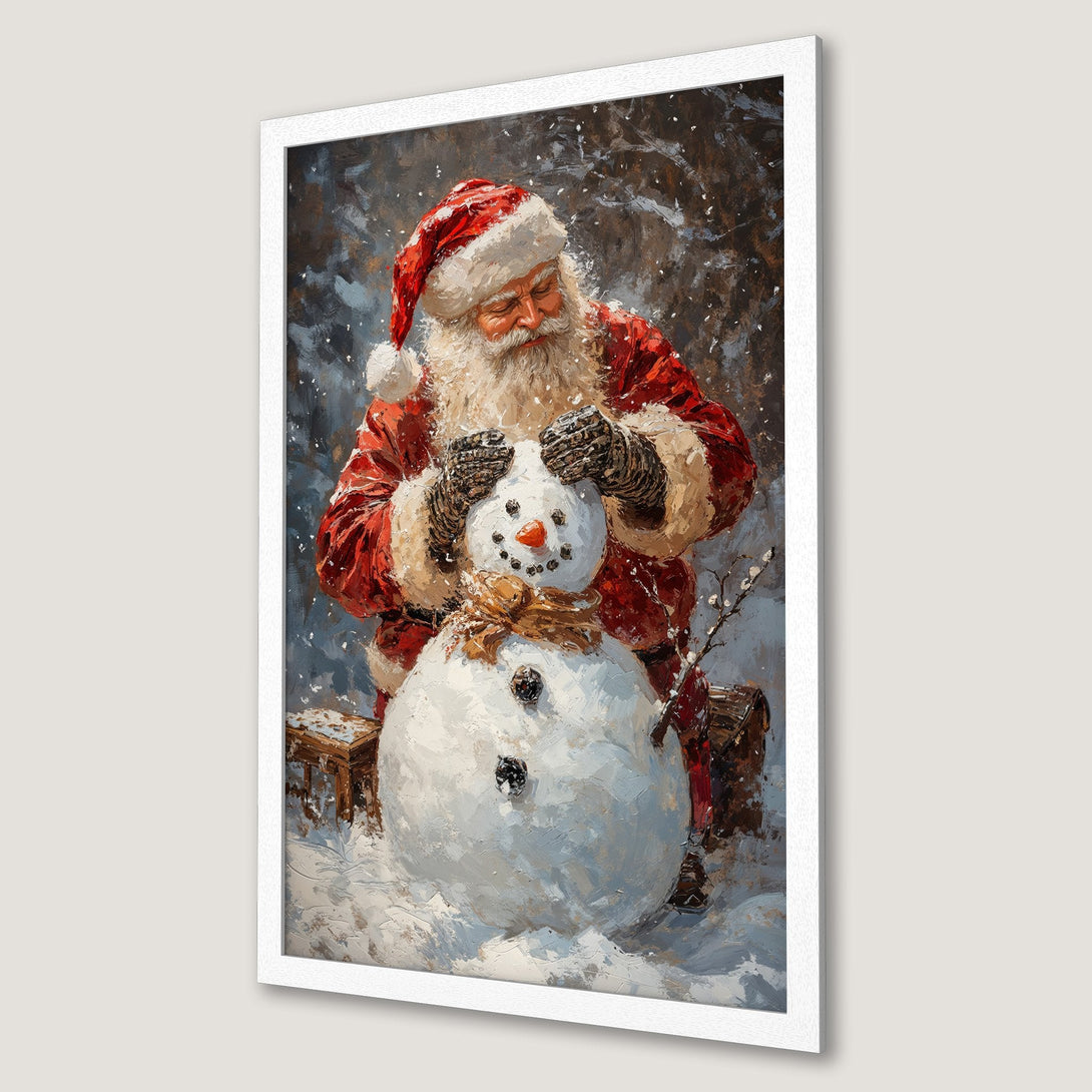 Framed Poster of Santa building a snowman. Festive oil painting style with red, white, and brown color palette. Perfect Christmas decor!