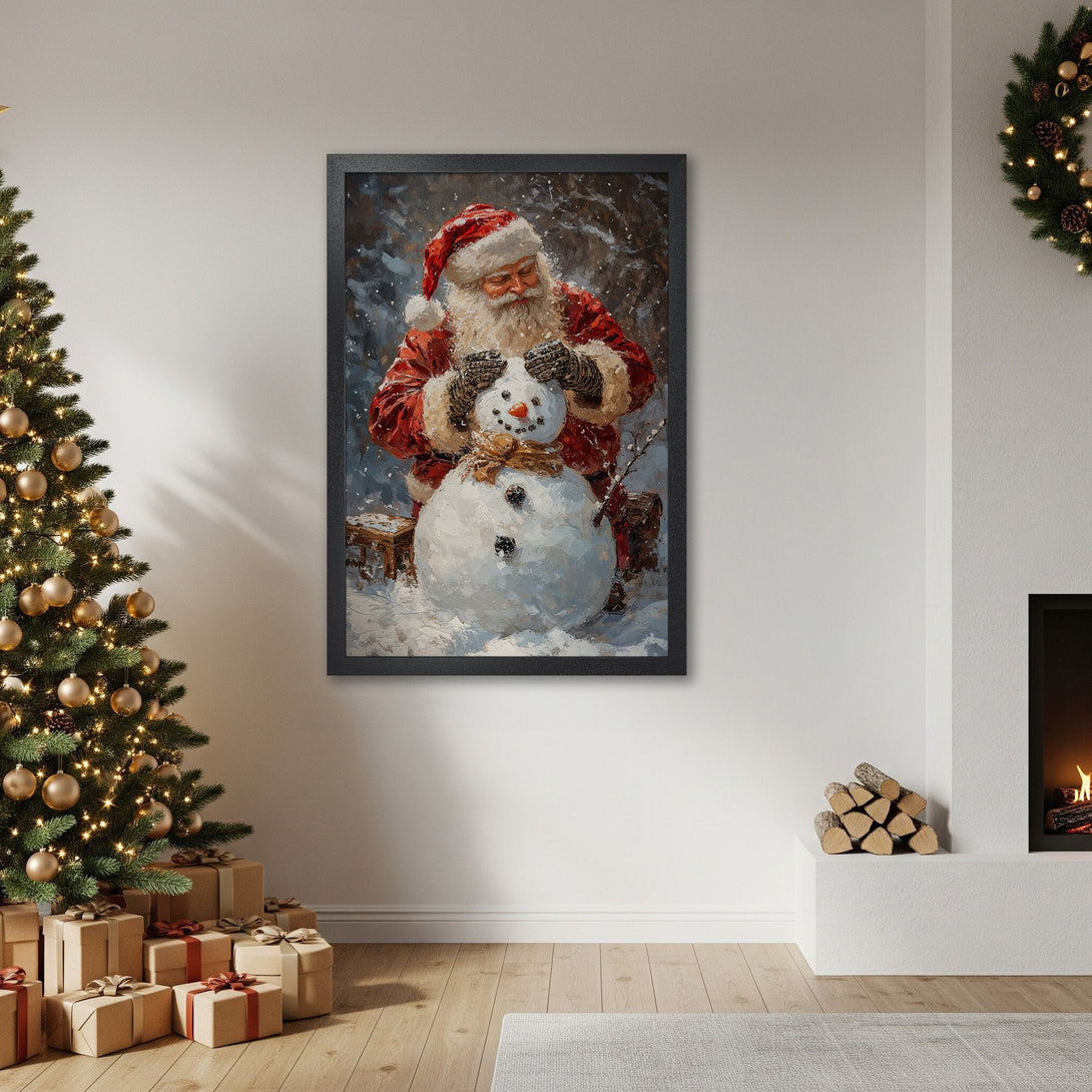 Framed Poster featuring Santa building a snowman, in a cozy, warm color palette, perfect for Christmas decor.