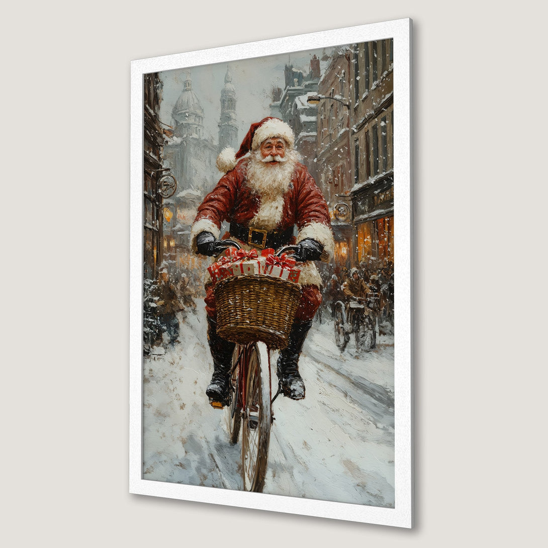 Framed Poster featuring Santa Claus on a bicycle in a snowy street scene. Oil painting style with a warm red and cool gray color palette. Perfect Christmas decor!
