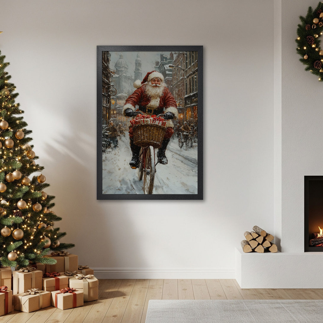 Framed Poster of Santa Claus on a bicycle in a snowy scene. Vintage style, warm red and cool blue color palette. Perfect Christmas decor.