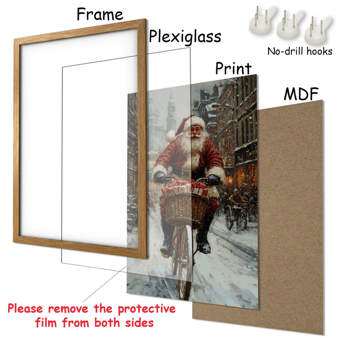 Framed Poster of Santa Claus on a bicycle in a snowy scene. Warm, festive colors. Perfect holiday decor!