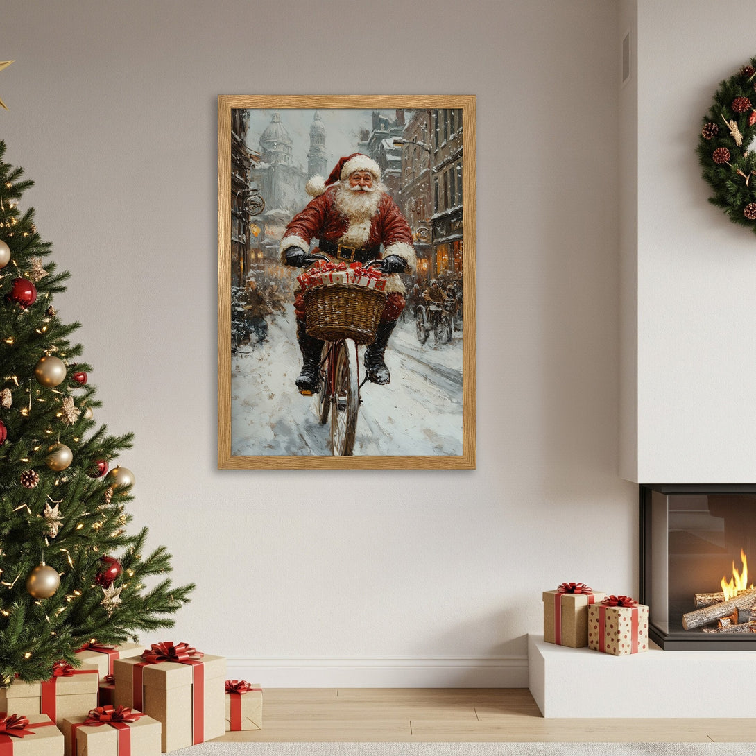 Framed Poster of Santa Claus on a bike, vintage style, warm red and gold color palette, perfect for Christmas decor.