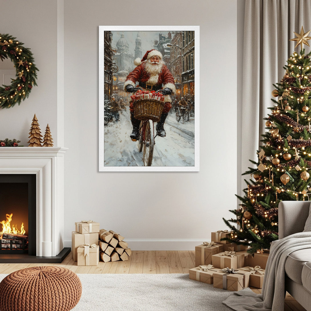 Framed Poster of Santa Claus on a bike in a snowy scene. Festive artwork in warm, wintery tones for holiday decor.