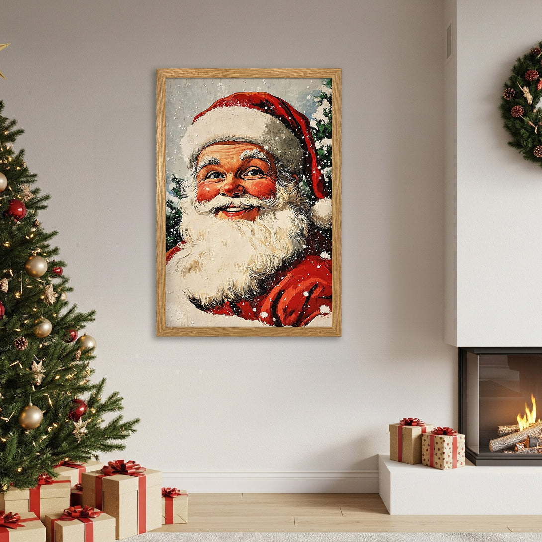 Framed Poster featuring Santa Claus art in a vintage style. Festive red and white color palette, perfect for Christmas decor.