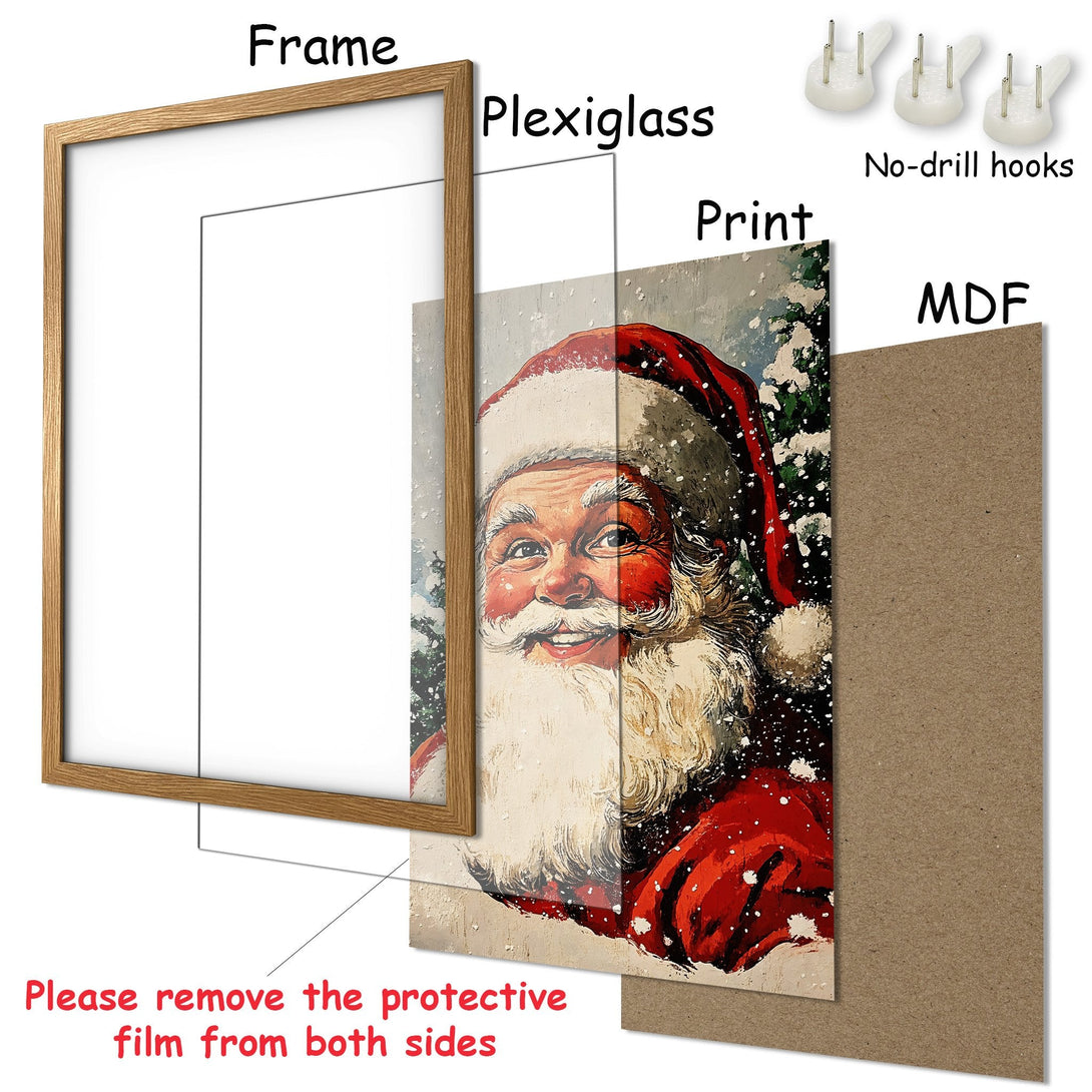 Framed Poster featuring Santa Claus in a vintage style, with a red and white color palette, perfect for Christmas decor.