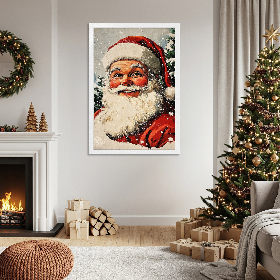 Framed Poster featuring Santa Claus in a vintage style, with a red, white, and green color palette, perfect for Christmas decor.