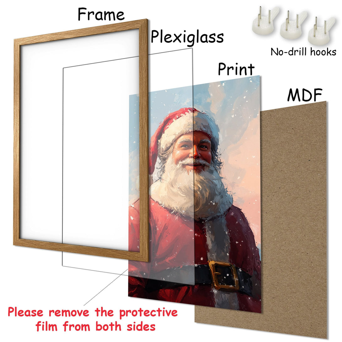 Framed Poster featuring Santa Claus in a painterly style with a red and blue color palette. Perfect Christmas decor!