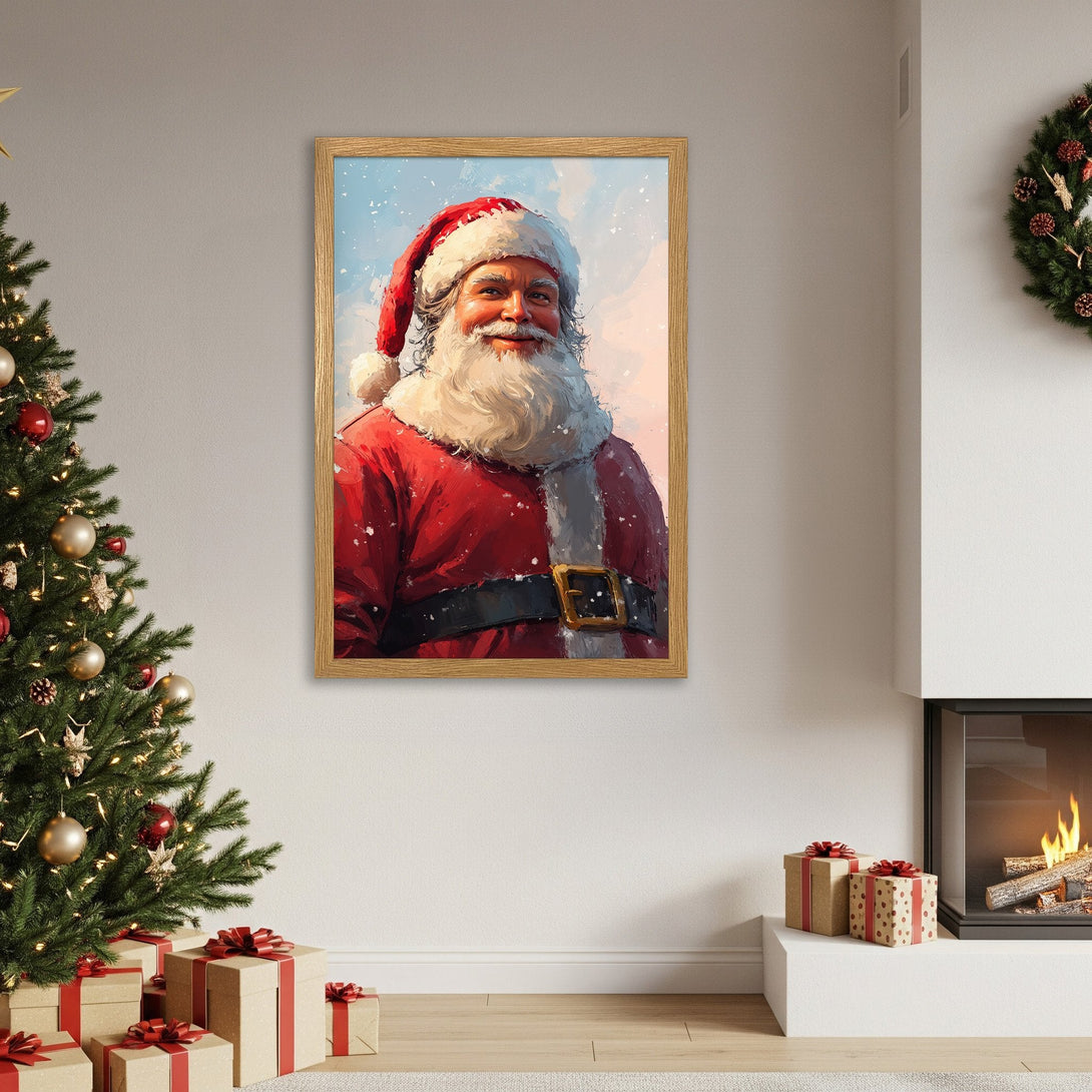 Framed Poster of Santa Claus, festive painting with red and white colors, perfect for Christmas decor.