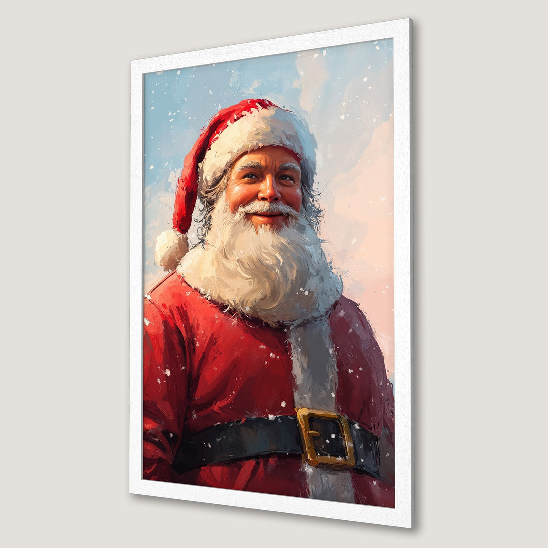 Framed Poster featuring Santa Claus portrait in a painterly style with red, white, and blue color palette. Perfect Christmas decor!