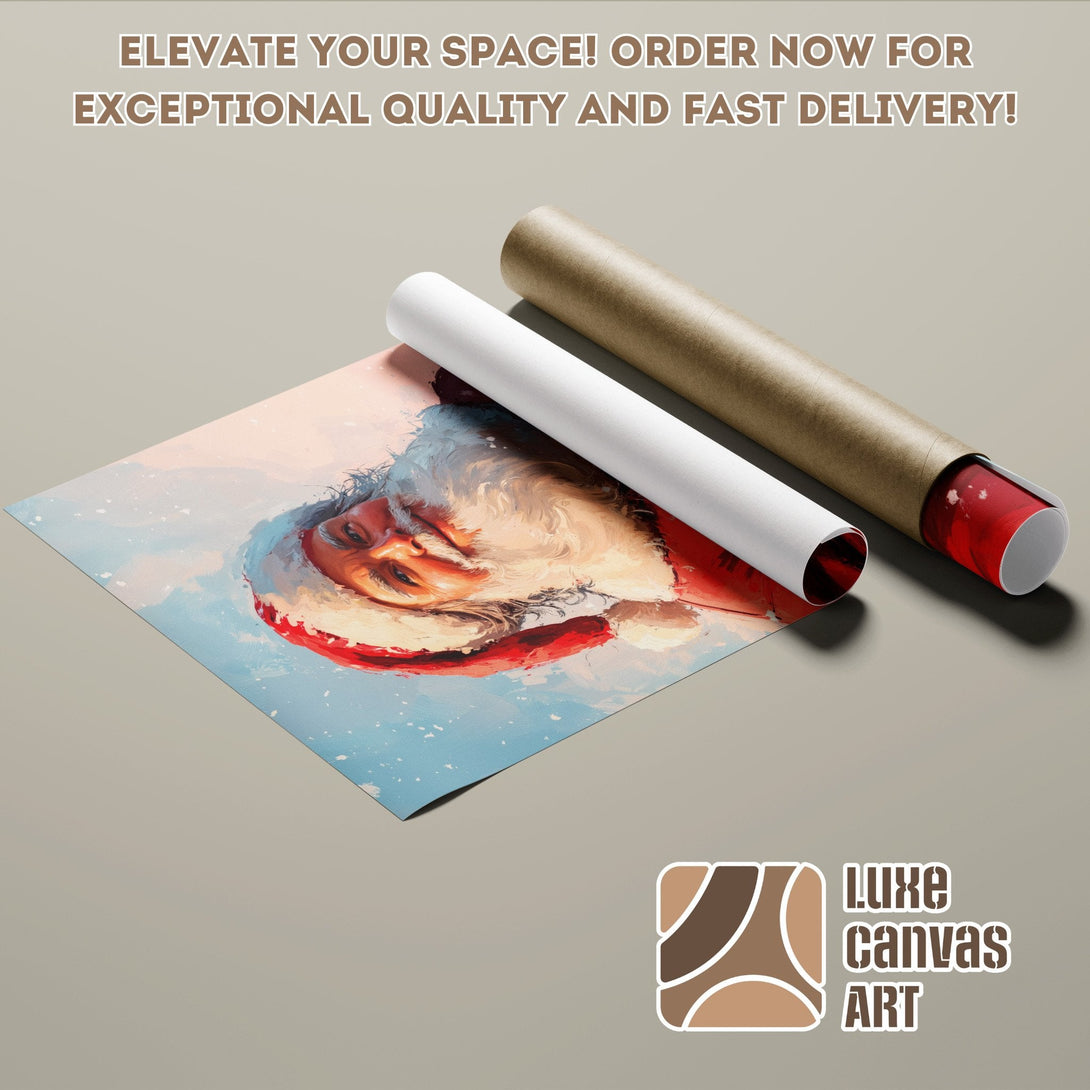 Santa Claus Poster Roll, art print with a painterly style, featuring a red, blue, and white color palette.
