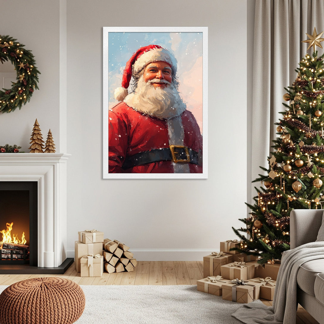 Framed Poster featuring Santa Claus in a watercolor style. Festive red and white color palette, perfect for Christmas decor. Get yours today!