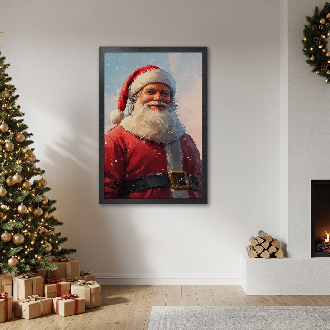 Framed Poster featuring Santa Claus in a painterly style with a red and white color palette, perfect for Christmas decor.