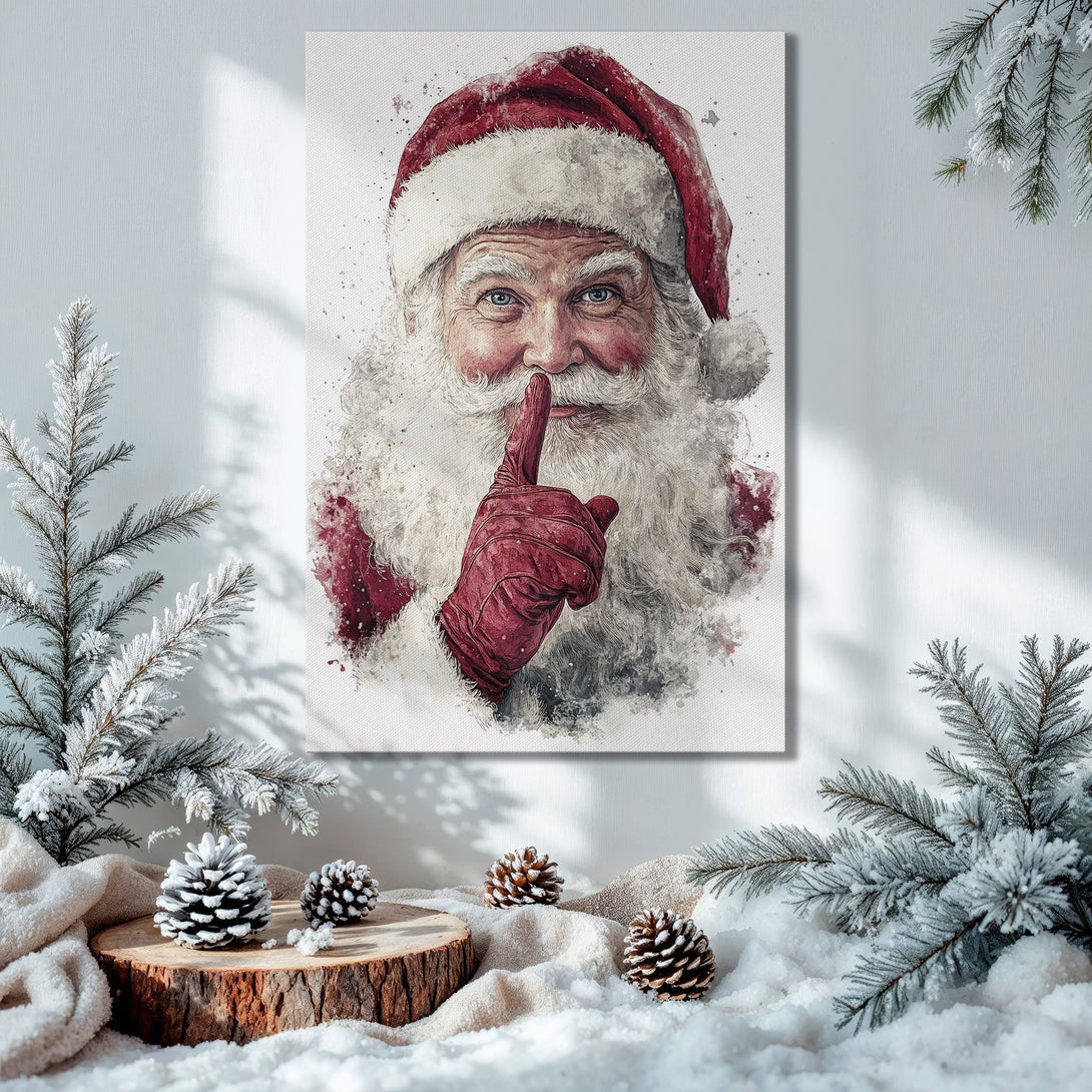 Framed Wall Art: Watercolor Santa Claus portrait in a Christmas scene. Red, gold, and green color palette. Festive holiday decor.