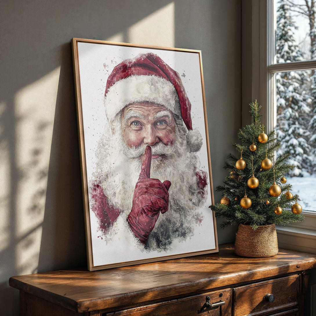 Framed Wall Art: Watercolor Santa Claus portrait with red and white color palette. Perfect Christmas decor for a cozy interior.