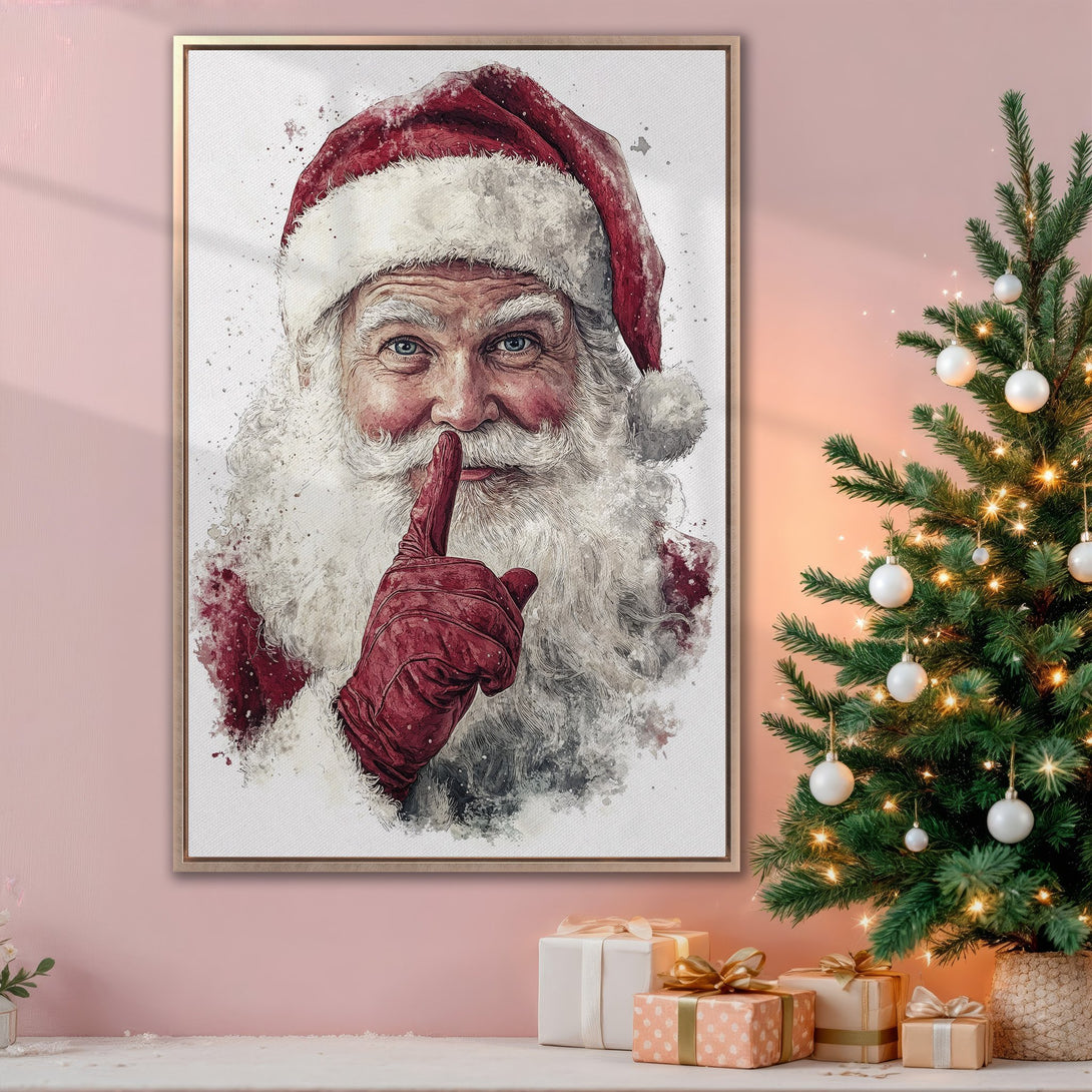 Framed Wall Art of Santa Claus in watercolor style, red and white palette, perfect Christmas decor. Add holiday cheer to your home!