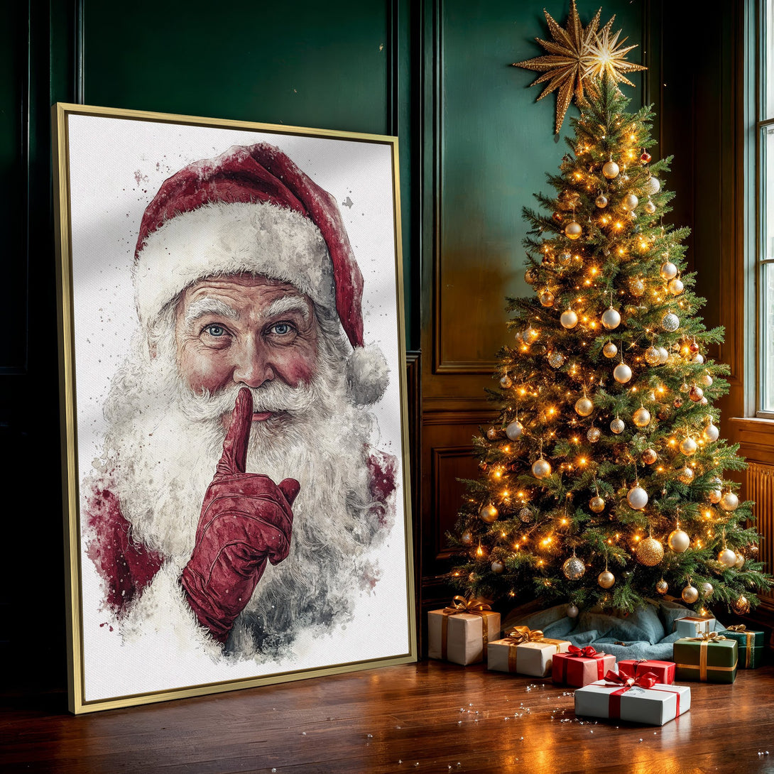 Canvas Print featuring Santa Claus portrait, watercolor style, with red and white color palette, perfect Christmas wall art.