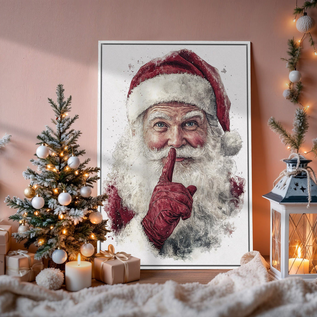 Framed Wall Art: Watercolor Santa Claus Canvas Print in festive red & white. Perfect Christmas decor, adding warmth and holiday cheer to any space.