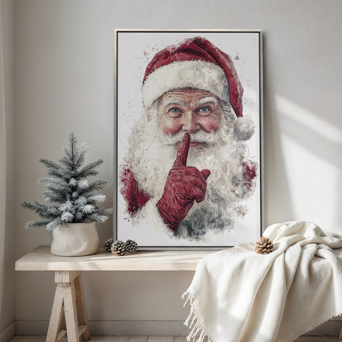 Framed Wall Art: Watercolor Santa Claus portrait in red and white. Festive Christmas decor in a cozy interior setting. Perfect holiday gift!