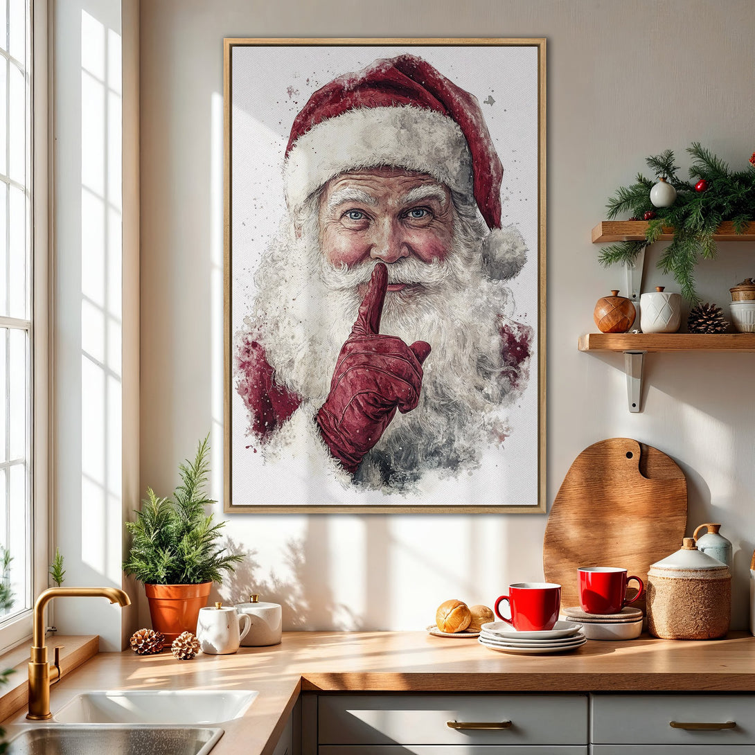 Framed Wall Art featuring Santa Claus in watercolor style. Festive red and white color palette. Perfect Christmas decor for your home!