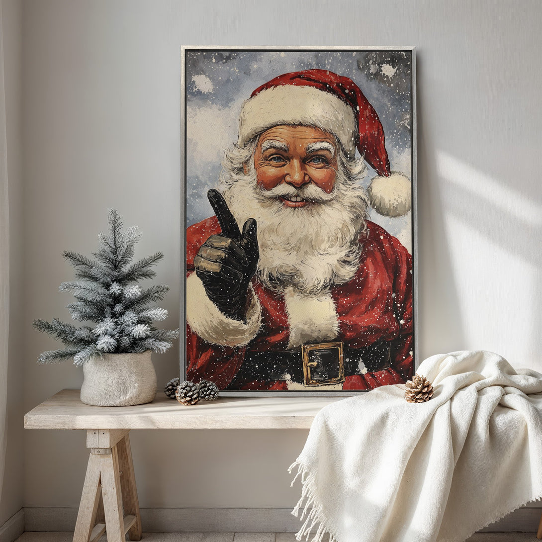Framed Wall Art featuring Santa Claus pointing. Classic, vintage style with a red, white, and blue color palette. Perfect Christmas decor!