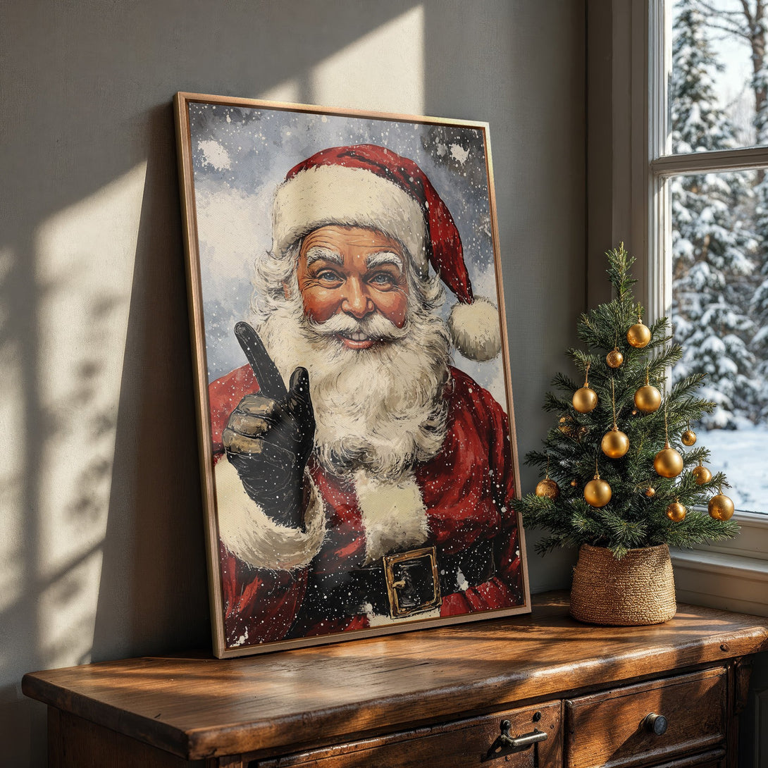 Framed Wall Art: Santa Claus portrait in a painterly style with red, white, and black color palette. Perfect Christmas decor!
