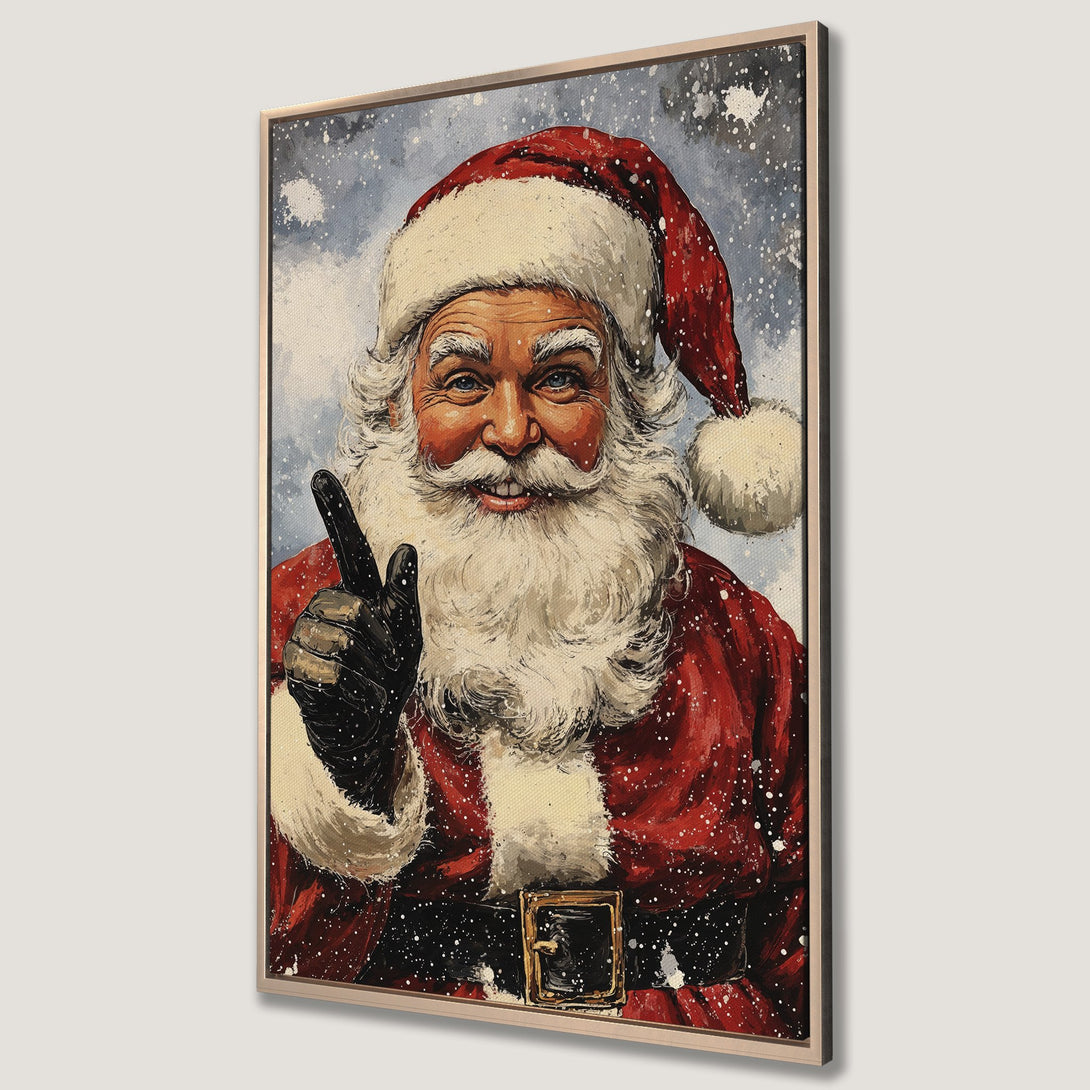 Framed Wall Art of Santa Claus pointing. Festive painting in red, white, and blue hues. Perfect Christmas decor!