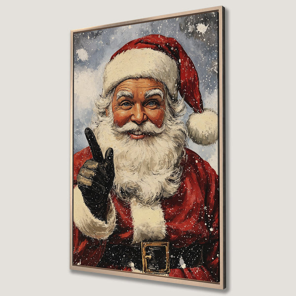 Framed Wall Art of Santa Claus pointing. Festive painting in red, white, and blue hues. Perfect Christmas decor!