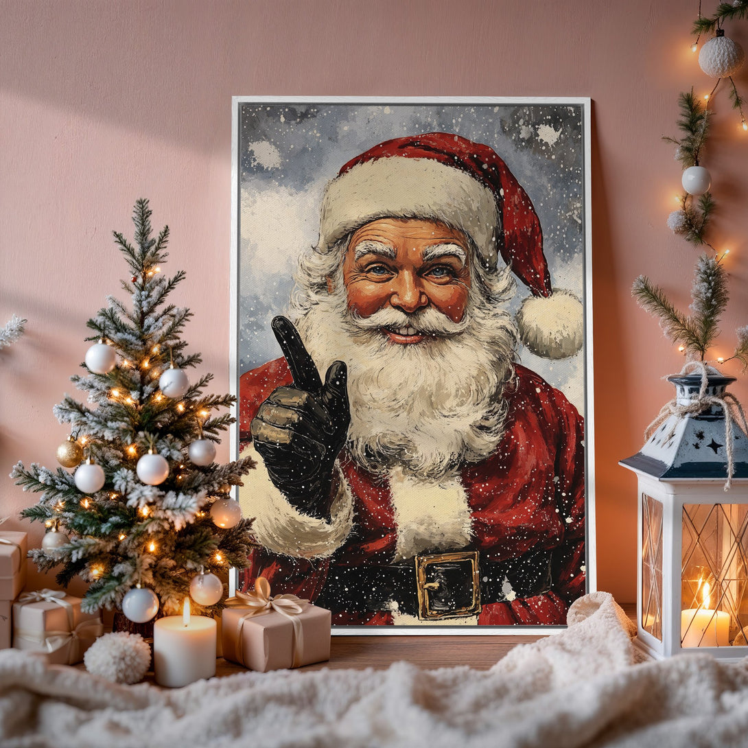 Framed Wall Art: Santa Claus portrait in a painterly style, red and white color palette, perfect for Christmas decor. Festive and inviting!