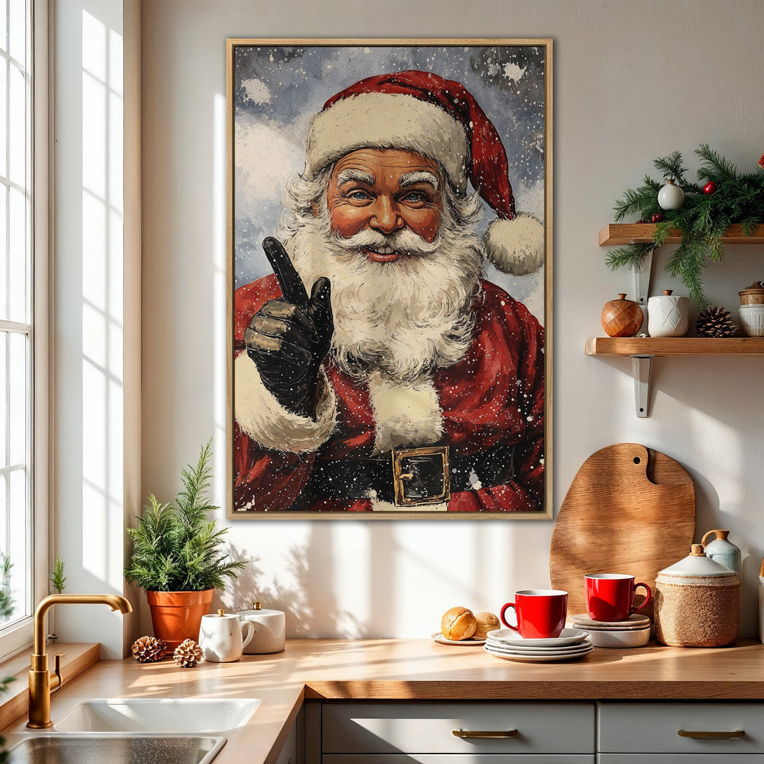 Framed Wall Art of Santa Claus in a painterly style, featuring a red, white, and black color palette. Perfect Christmas decor for your home!