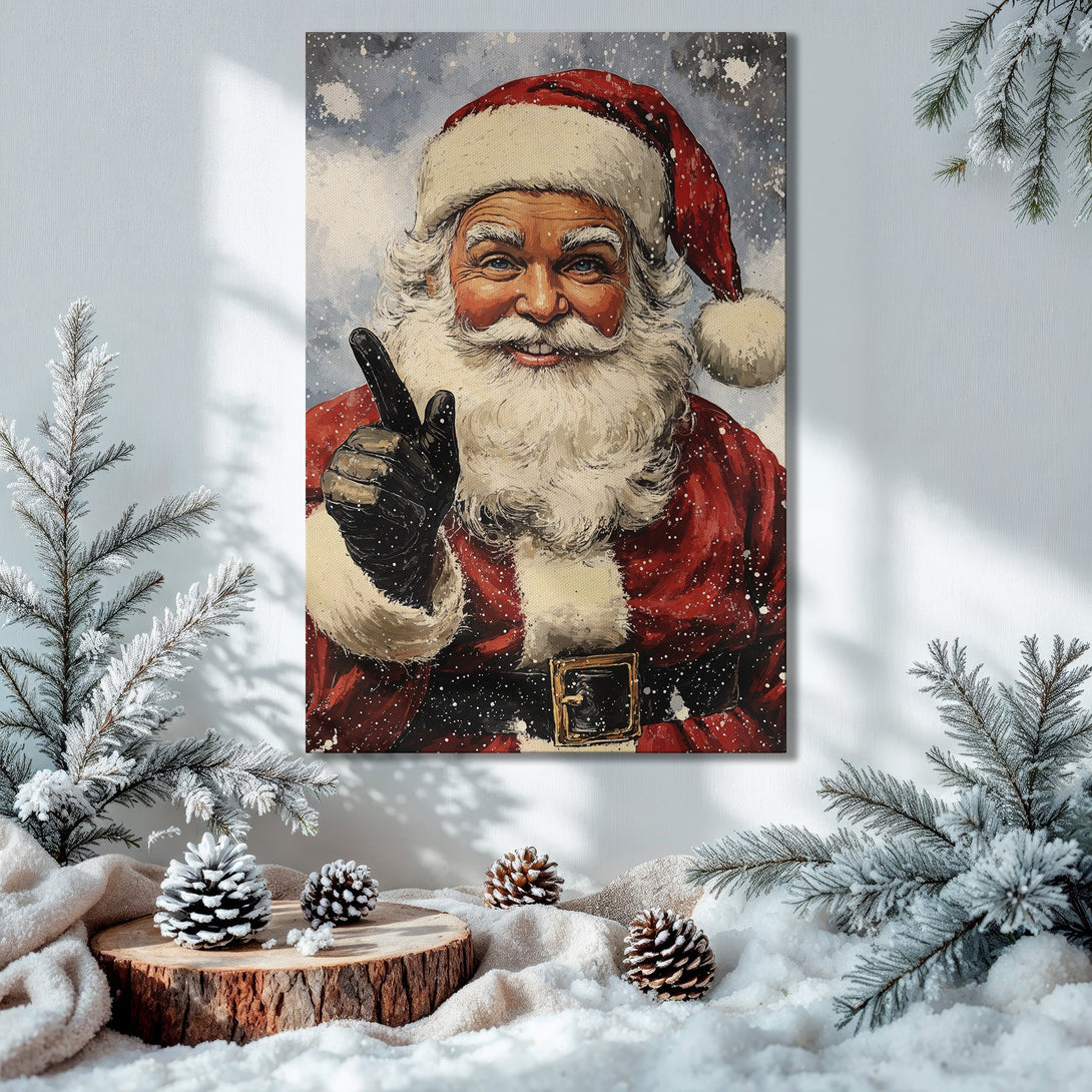 Framed Wall Art: Santa Claus portrait in a festive interior. Rich red, white, and gold color palette. Perfect Christmas decor!