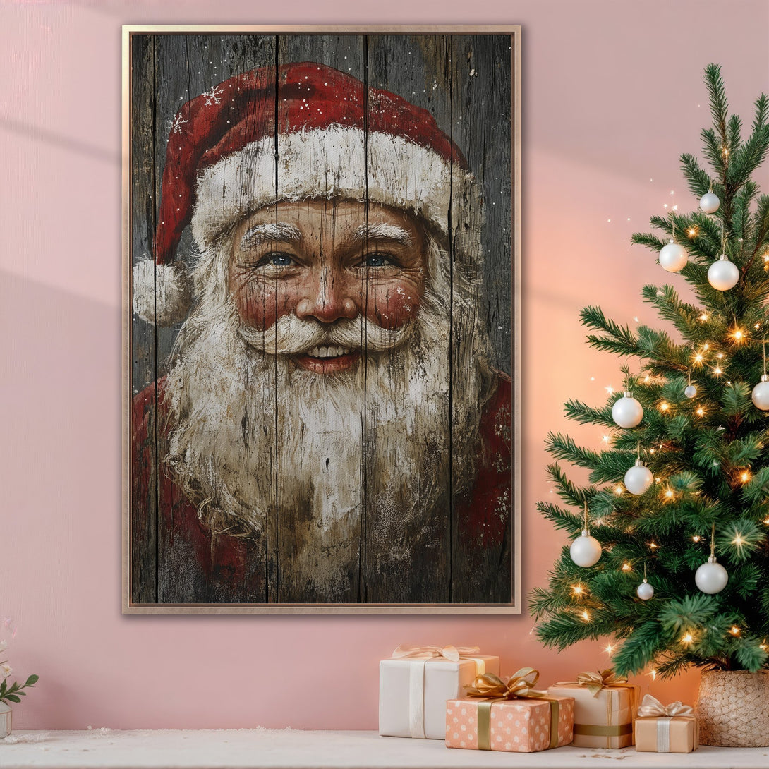 Framed Wall Art featuring Santa Claus portrait. Rustic style with red, white, and brown tones. Perfect Christmas decor! Shop now for festive wall art.