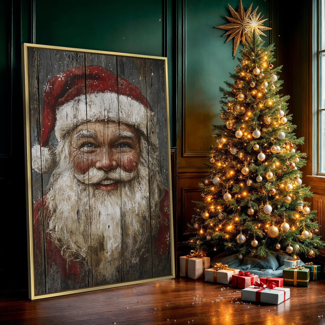 Canvas Print of Santa Claus portrait in rustic style, featuring red, white, and brown tones. Perfect Christmas decor!