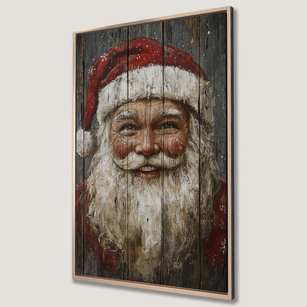 Framed Wall Art featuring Santa Claus portrait. Rustic style, warm red, white, and brown color palette. Perfect Christmas decor!