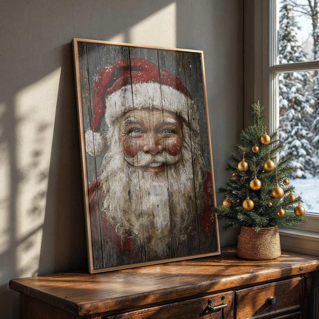 Framed Wall Art of Santa Claus in a rustic style, featuring a warm, inviting color palette of reds, browns, and whites. Perfect Christmas decor!