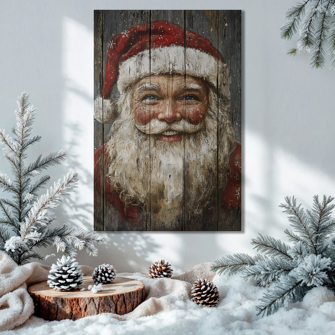 Framed Wall Art: Rustic Santa Claus portrait in a warm, inviting interior. Festive red, gold, and green color palette for Christmas decor.