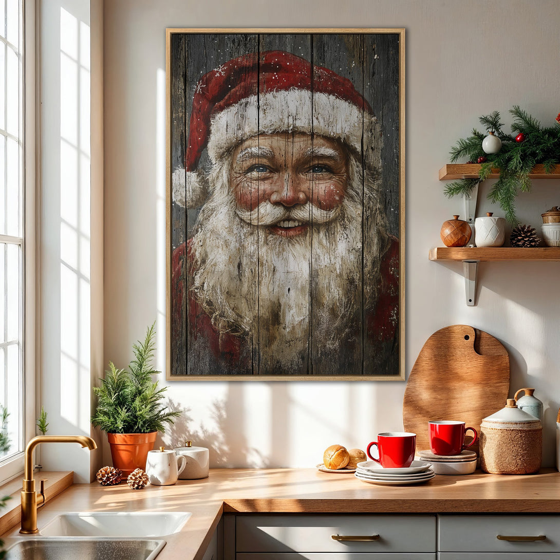 Framed Wall Art of Santa Claus on wood panel, rustic style, red and neutral color palette, perfect for Christmas decor.